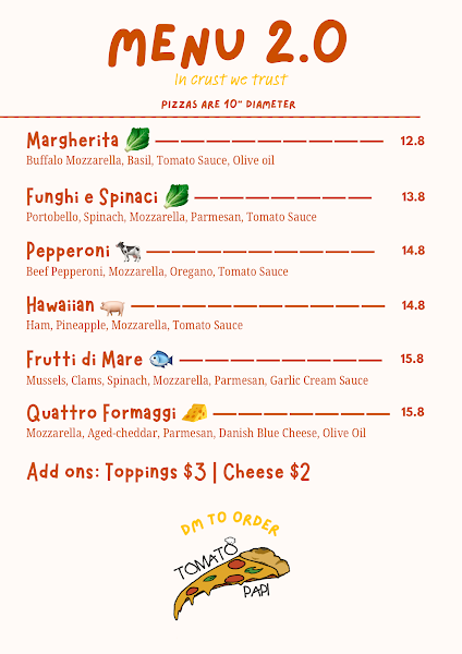 TomatoPapi Menu 2.0 — six handcrafted pizzas from $12.80 to $15.80